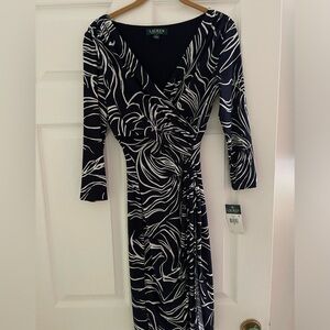Ralph Lauren 3/4 sleeve fitted faux wrap blue black white dress
